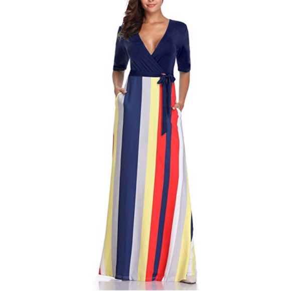 Stripped Mermaid Hem Belted V Neck Maxi Dress - Picture 2 of 4